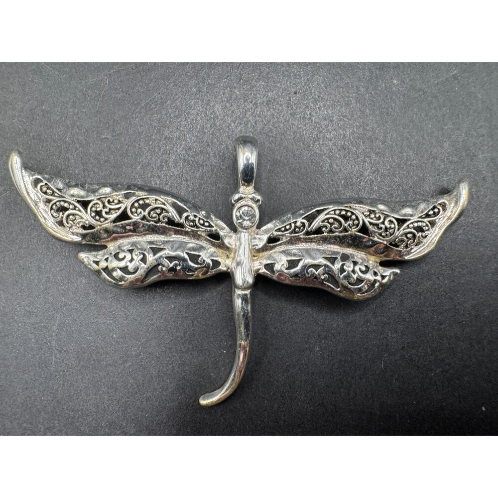 Vintage Large Clear Rhinestone Filigree Dragonfly Pendant Silver Tone